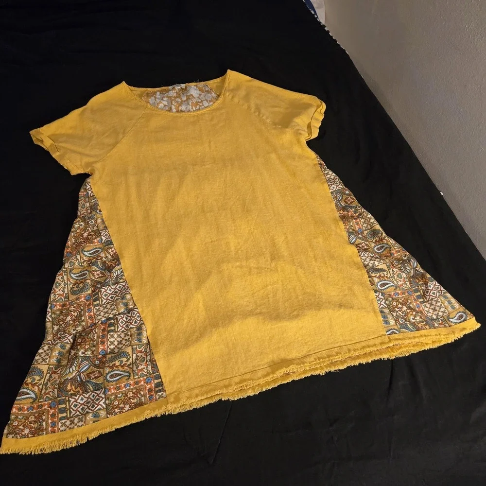 Umgee Dress Womens Large Yellow Patchwork Boho Trapeze Short Sleeve Fringe Hem